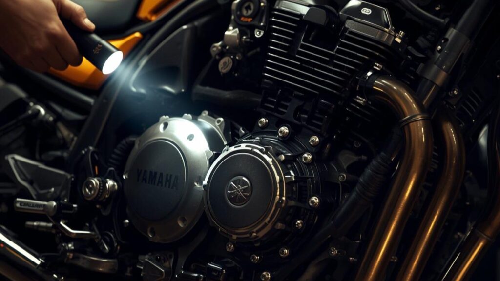 整備工場でエンジンの腰下を点検する様子。XJR1200と1300の違いとして重要なスタータークラッチ等の持病について、購入前に確認すべき重要ポイントを可視化。