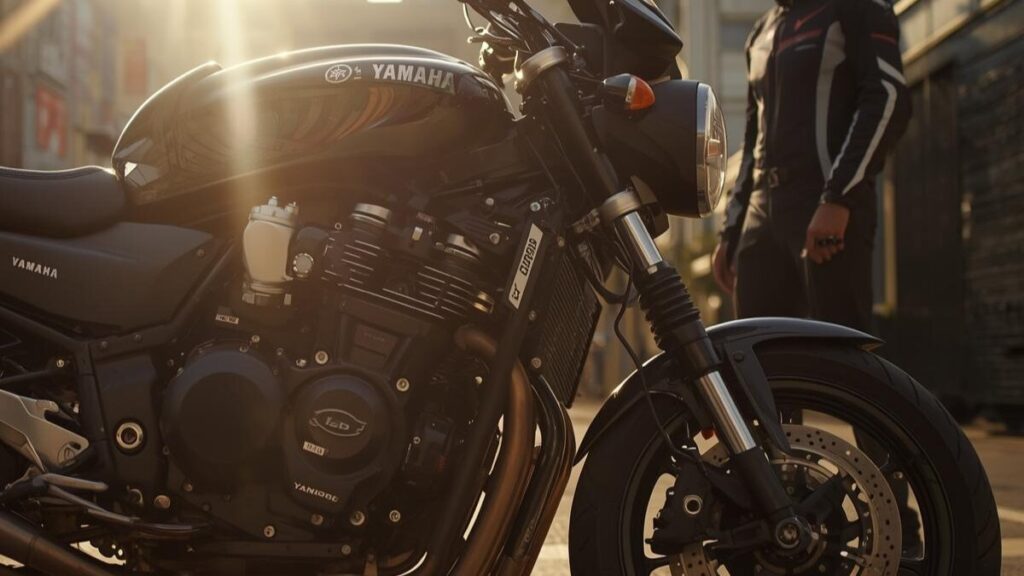 真夏の日差しの中で停車するヤマハXJR1300。XJR1200と1300の違いを語る上で避けられない、空冷大排気量車特有の熱気や重量感を表現した一枚。