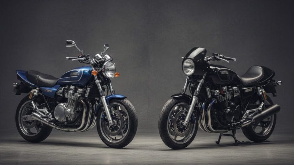 標準モデルと海外向けのXJR1300Cを並べた比較画像。XJR1200と1300の違いに加え、派生モデル独自のカフェレーサースタイルを視覚的に分かりやすく説明。