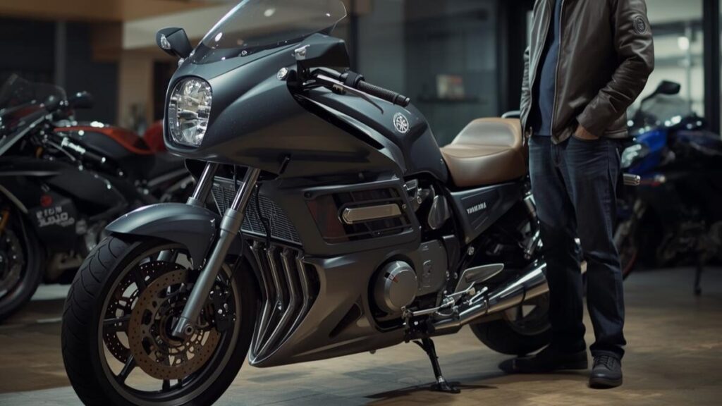 高級感のある店舗に展示された程度の良いXJR1300。生産終了を経て希少価値が高まり、XJR1200と1300の違いとして中古価格が上昇している現状を可視化。