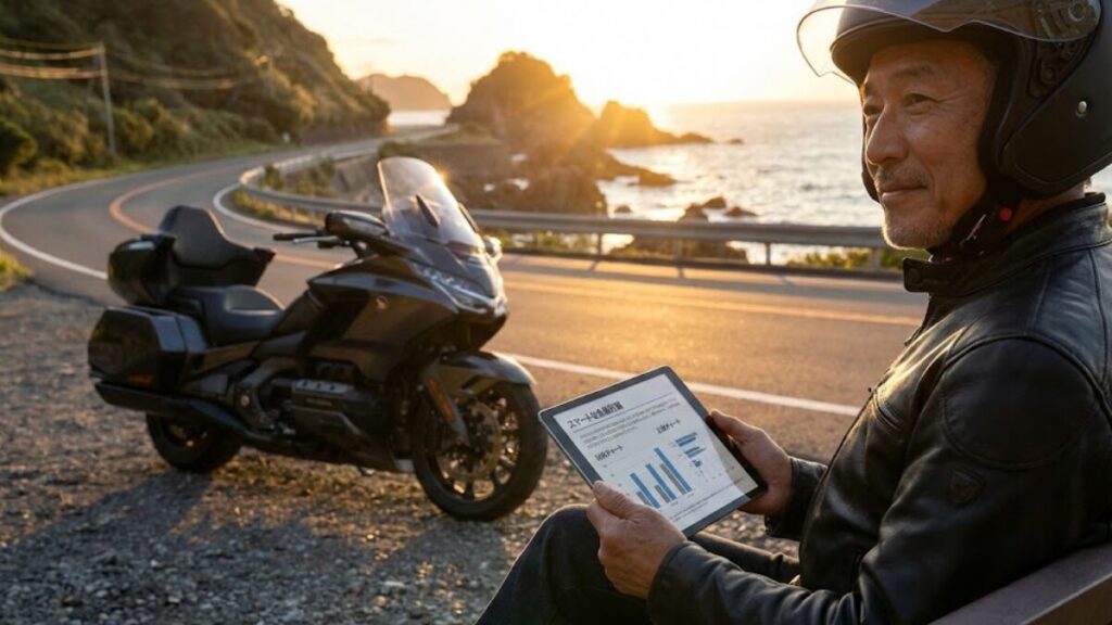 海岸沿いの道に停車したバイクの傍らで、タブレット端末を使いバイク保険は一括見積で内容を比較し、賢くプランを検討しているベテランライダーの風景。