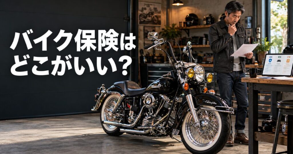 大型バイクの横で保険内容を検討する50代の日本人ライダーと「バイク保険はどこがいい？」の文字
