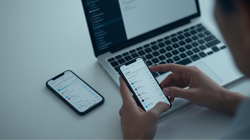 パソコンの前でメールの通知を整理し、バイク保険は一括見積の利用に伴う案内連絡への対策を落ち着いて進めている、計画的で安心感のあるデスクワークの様子。