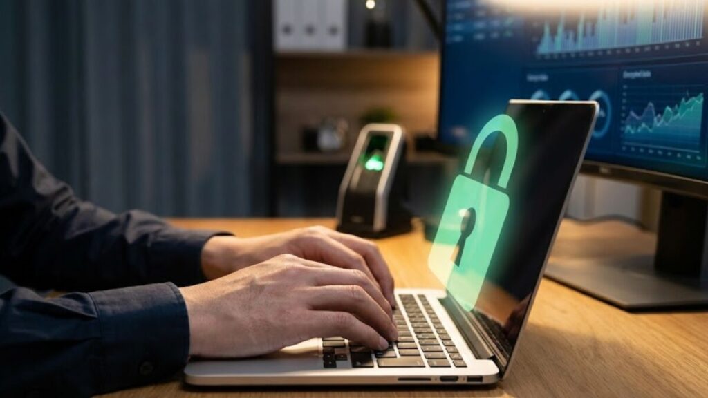 セキュリティに配慮した環境で、プライバシーポリシーを確認しながらバイク保険は一括見積に情報を入力する、信頼性と安全性を強調したデジタル操作のシーン。