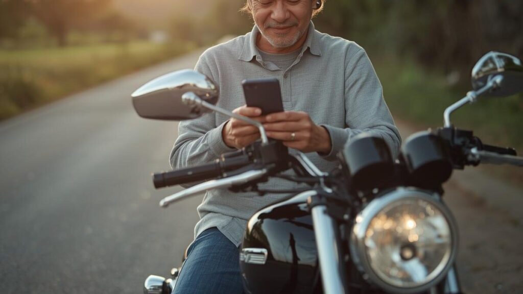 バイクの横でリラックスしながらスマートフォンの通知をチェックし、バイク保険は一括見積の後の連絡状況が想像より穏やかであることを示唆する、開放感のある屋外の風景。