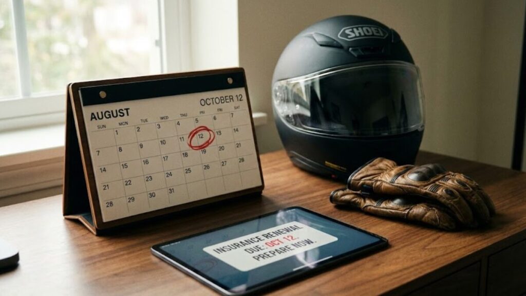 満期日に余裕を持ってカレンダーを確認し、早めの準備でバイク保険は一括見積を行いながら、最適な更新時期を逃さないよう計画を立てているデスク周りの情景。