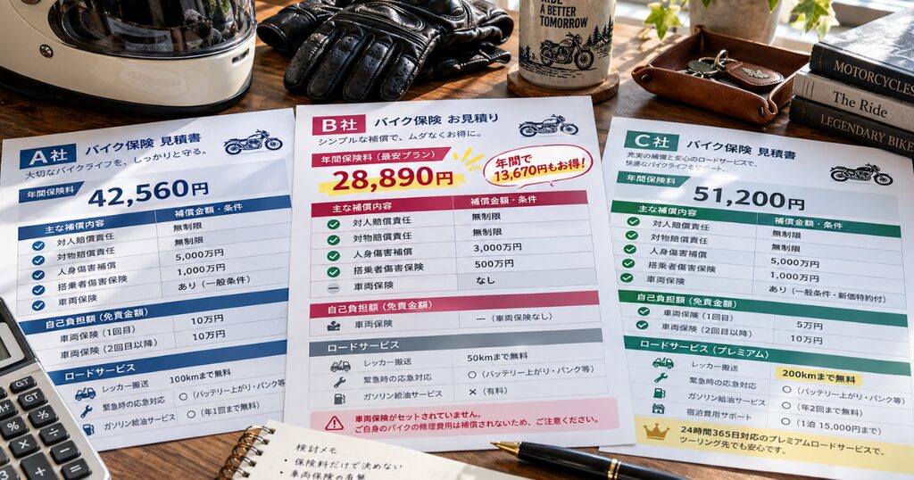 保険料や免責金額、補償条件が異なる複数のバイク保険見積書とヘルメットを並べた比較風景