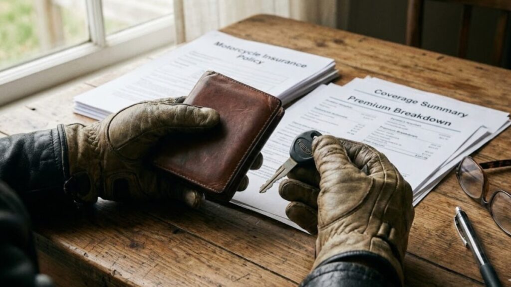 テーブルの上でバイクのキーと書類を前に、バイク保険は一括見積などを活用して、自分にとって必要な補償と適正な保険料のバランスを熟考している様子。