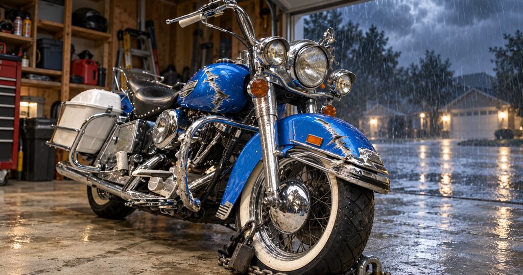 接触による傷がある大型バイクと盗難防止チェーン、ガレージ外の激しい雨が見える場面