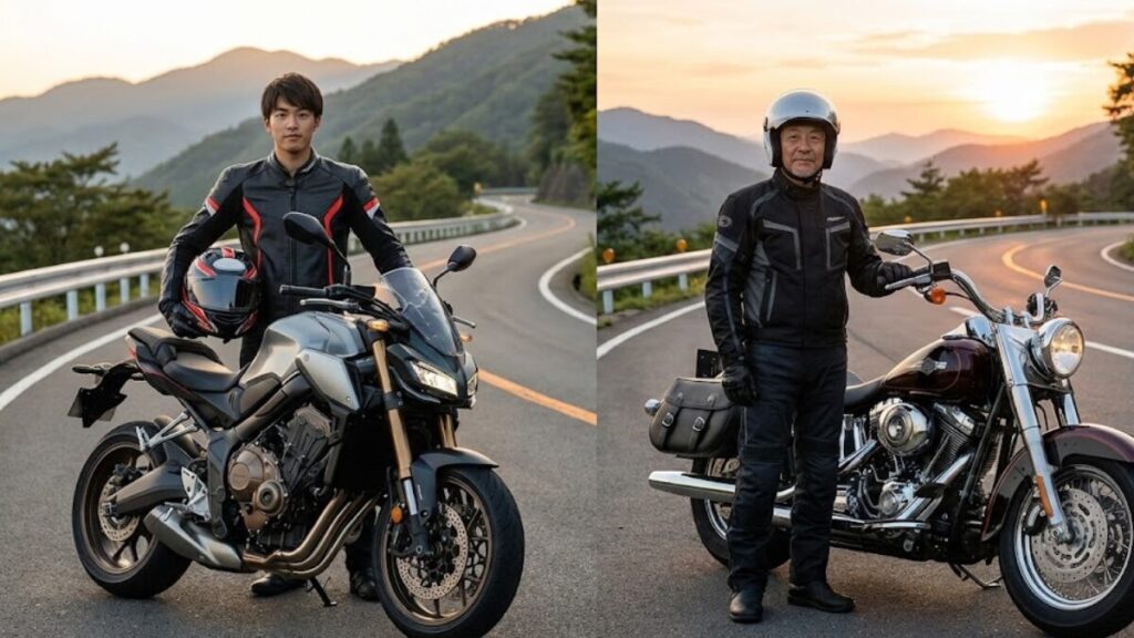 世代の異なるライダーがそれぞれの愛車の横に立ち、年齢条件の変化に合わせてバイク保険は一括見積で見直しを行う重要性を想起させるプロフェッショナルな画像。