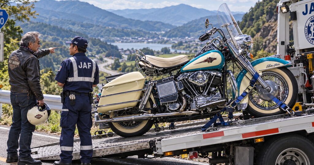 ツーリング先で動かなくなった大型バイクを積載車に載せ、搬送先を相談する60代の日本人ライダー