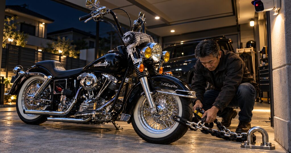 高額な大型バイクを太いチェーンと固定器具で盗難対策する50代の日本人オーナー