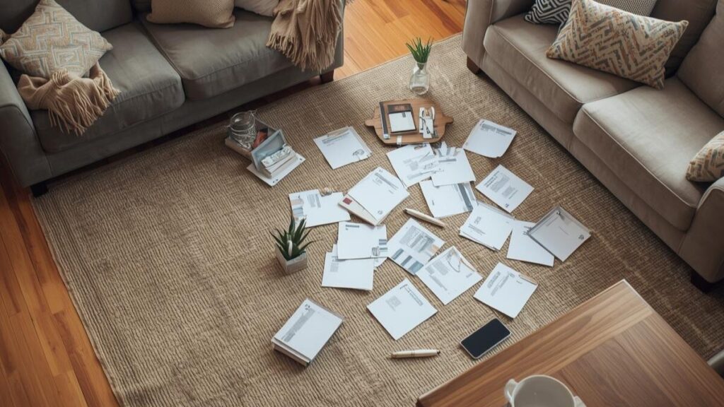 自宅の明るいリビングで保険証券を広げ、バイク保険は一括見積を使いながら現在の契約内容と最新の条件を照らし合わせてチェックしている見直しの手順。