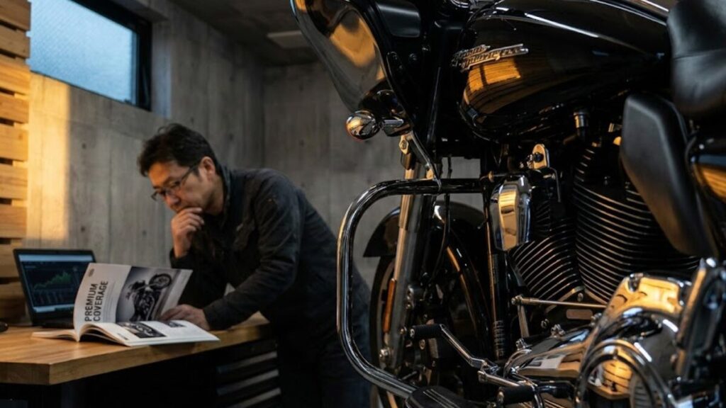 高価なバイクの車体と向き合いながら、自分の愛車に車両保険が必要かどうかをバイク保険は一括見積の情報を参考に検討している、静かで落ち着いたガレージの風景。