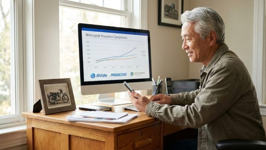 明るい室内で複数のプランを画面に表示し、効率的にバイク保険は一括見積を活用して自分に最適な補償内容を比較検討している、ベテランライダーのスマートな日常。