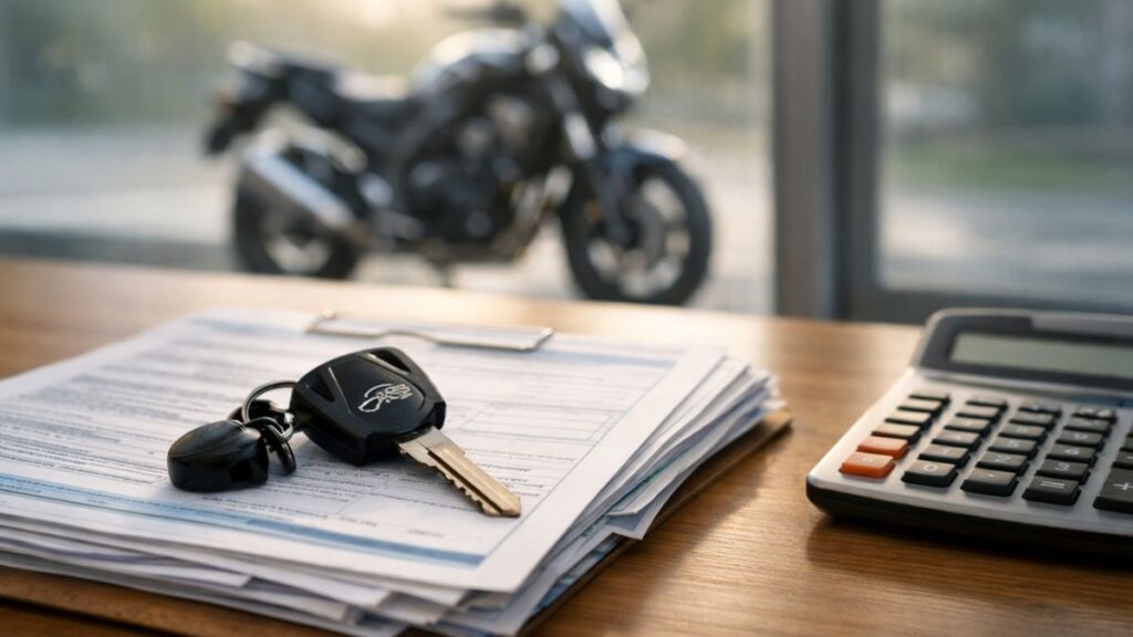 バイク王とバイクランドの比較を検討する際、ローン残債や書類上の名義を確認する手続きのイメージ。机の上に置かれたバイクの鍵と書類の高画質な写真です。