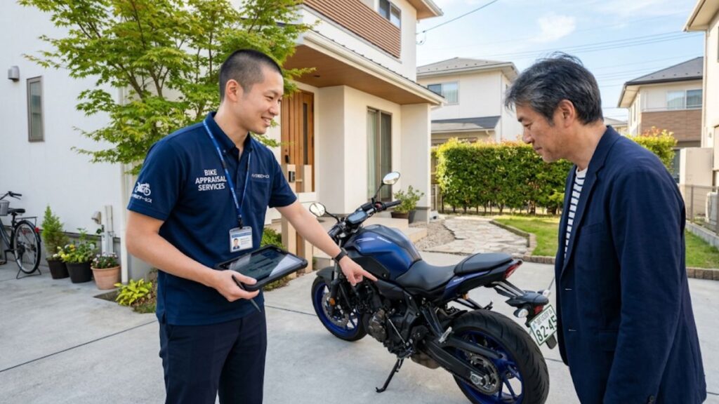 自宅の駐輪場で出張査定を受ける様子。バイク王とバイクランドの比較材料となる、プロの査定スタッフによる丁寧な車両確認と当日の流れを表現した写真です。