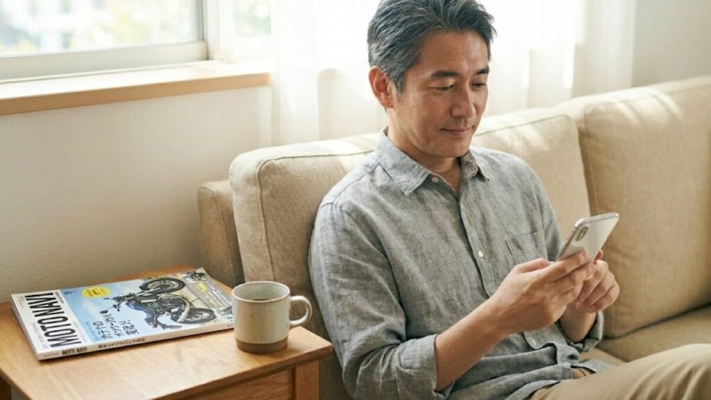 室内でリラックスしながらスマートフォンを操作する男性。バイク王とバイクランドを比較する過程で、買取業者からの連絡に冷静に対応する様子をイメージ。