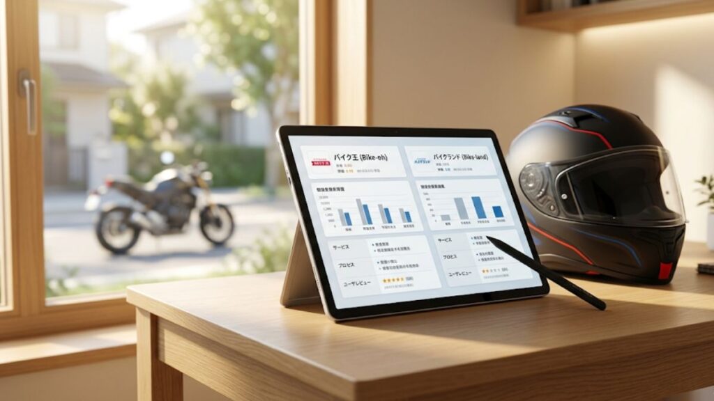 静かな室内で、バイク王とバイクランドの比較アプリが表示されたタブレットとヘルメット。どちらを選ぶべきか慎重に検討する、落ち着いた雰囲気の画像です。