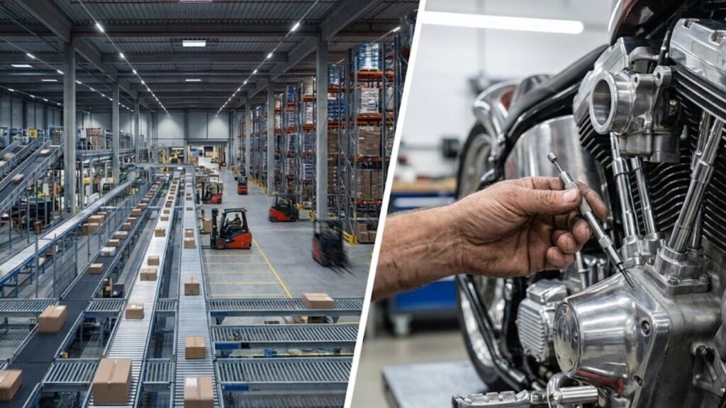 大手業者のネットワークと、個別の車両状態を詳しく査定する様子を対比させたイメージ。バイク王とバイクランドを比較して、それぞれのサービスの特徴や強みを表現。