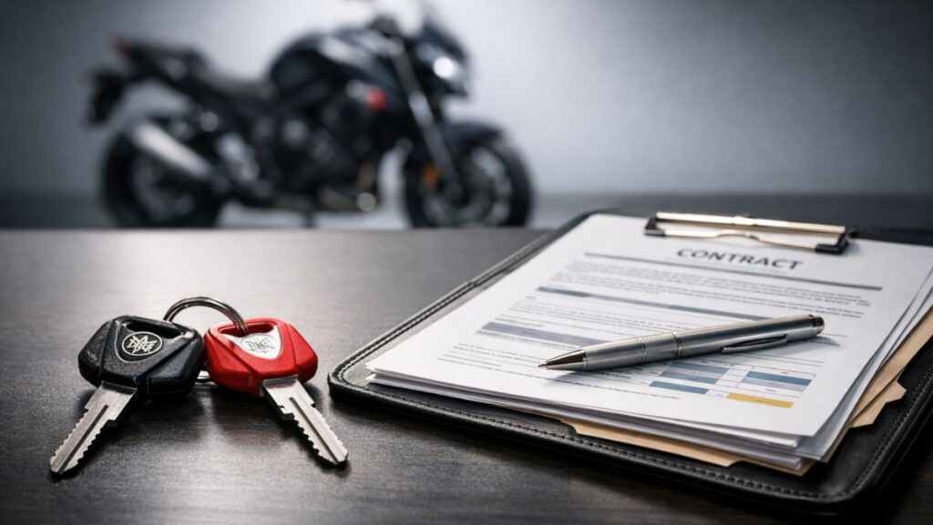 バイク王とバイクランドの比較において重要な、査定書類や鍵を準備するシーン。取引の透明性と手続きの違いをイメージさせる、プロフェッショナルな構図の写真。