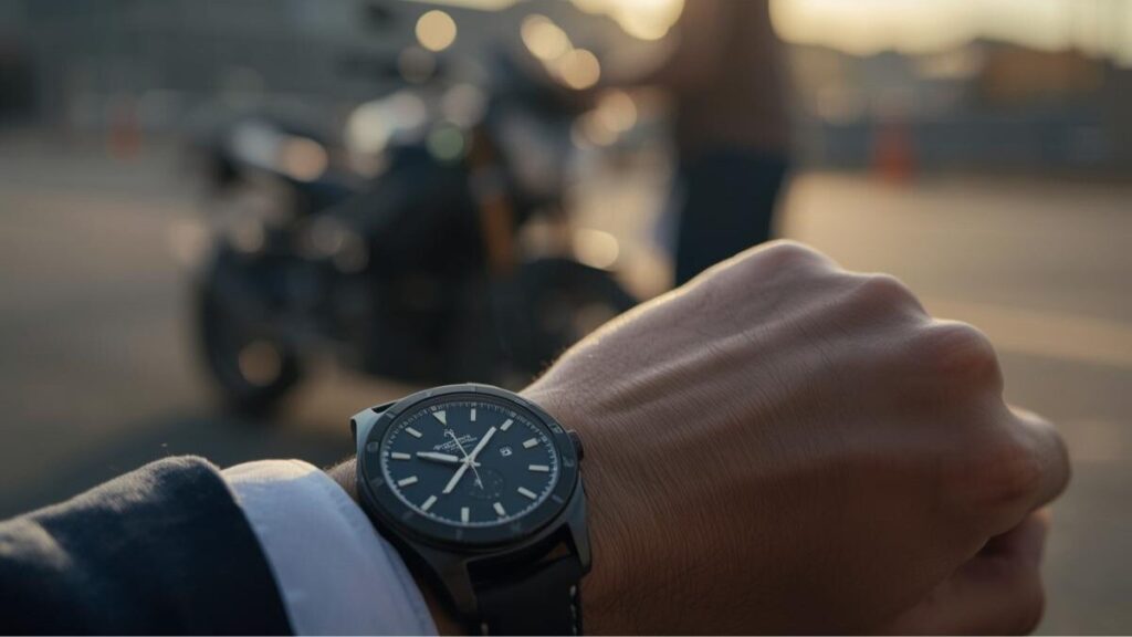 腕時計を確認する手元と、背景でスムーズに進められるオートバイの査定風景。バイク王とバイクランドを比較する際に気になる、査定にかかる所要時間を表現した画像。