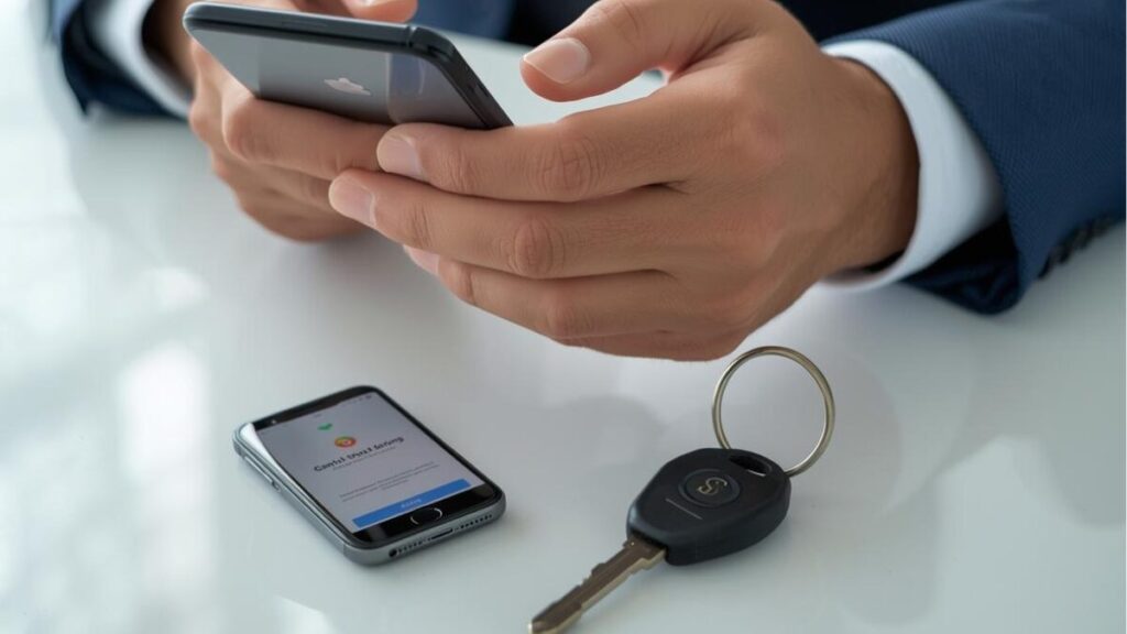 スマートフォンの画面とバイクの鍵が置かれたテーブル。バイク王とバイクランドを比較した後に成約し、売却代金の入金タイミングや支払い方法を確認するイメージ。