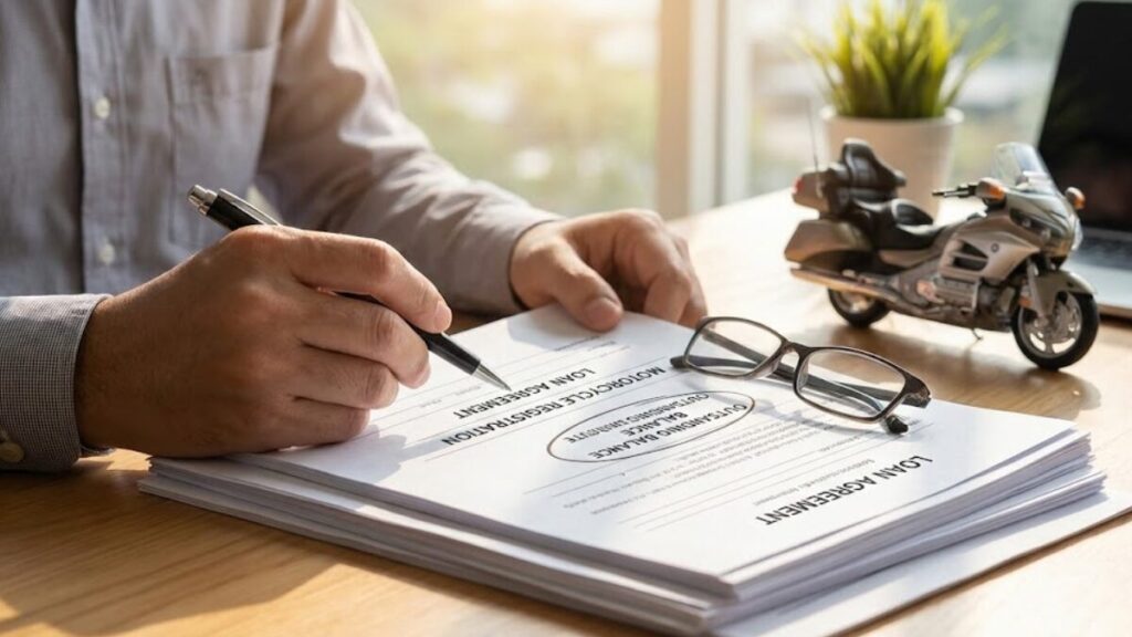 書類を広げてローン残債がある車両の売却手続きについて確認している様子。バイク王とバイクランドを比較し、所有権解除などの相談を進めるシーンを想定した画像。