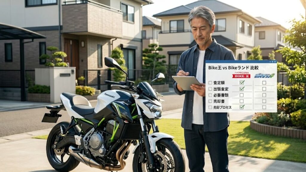 スマートフォンでスケジュールを確認しながら、バイク王とバイクランドの比較を進める男性。相見積もりで失敗しないよう、手順を整理している自然な風景です。