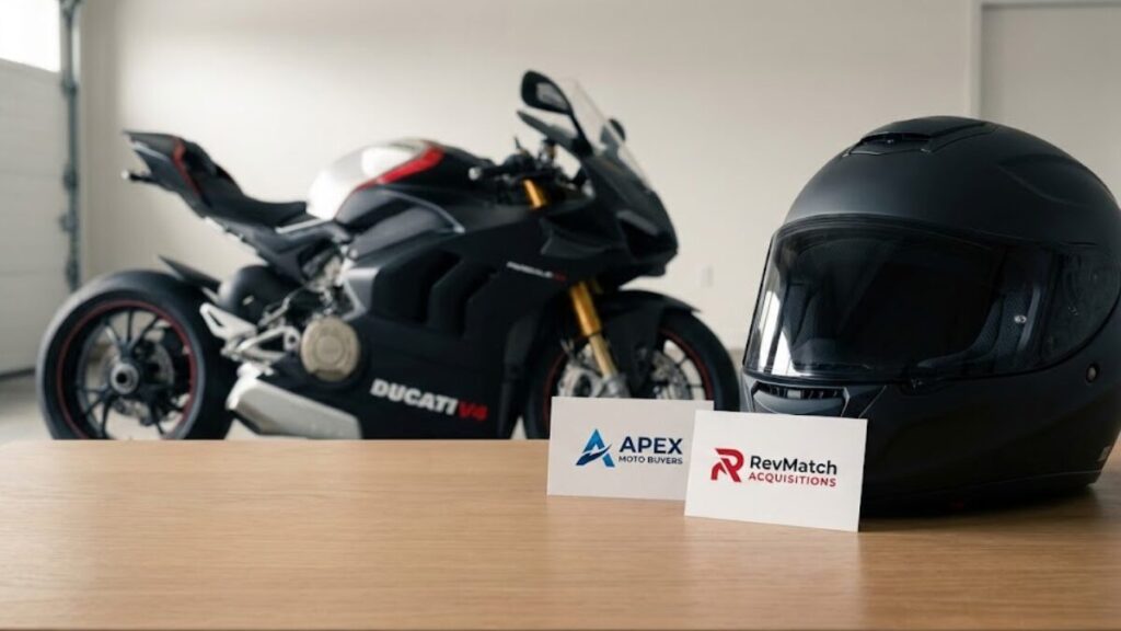 テーブルに並んだ買取業者の名刺とヘルメットのカット。バイク王とバイクランドを比較するために、複数の査定額を検討し相見積もりを行う準備をしている光景。