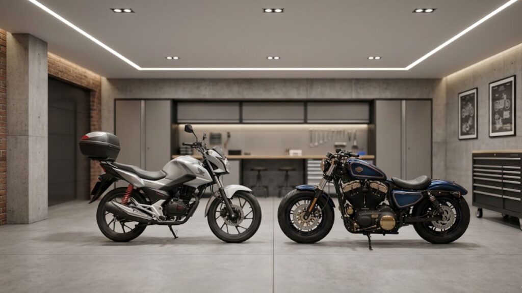 ガレージに並ぶタイプの異なるオートバイ。自分の車両条件に合わせてバイク王とバイクランドの比較を行い、最適な売却先を選ぶための判断基準を視覚化しています。