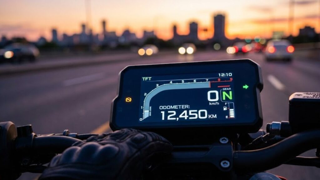 オートバイのデジタルメーターに表示された走行距離のクローズアップ。バイク王とバイクランドを比較する上で、走行距離が査定額に与える影響をイメージした写真。