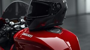 洗練された赤い車体の上に置かれた2026年最新モデル。カーボン素材とイタリアンレッドが美しく調和する、ドゥカティに似合うヘルメットの静止画。