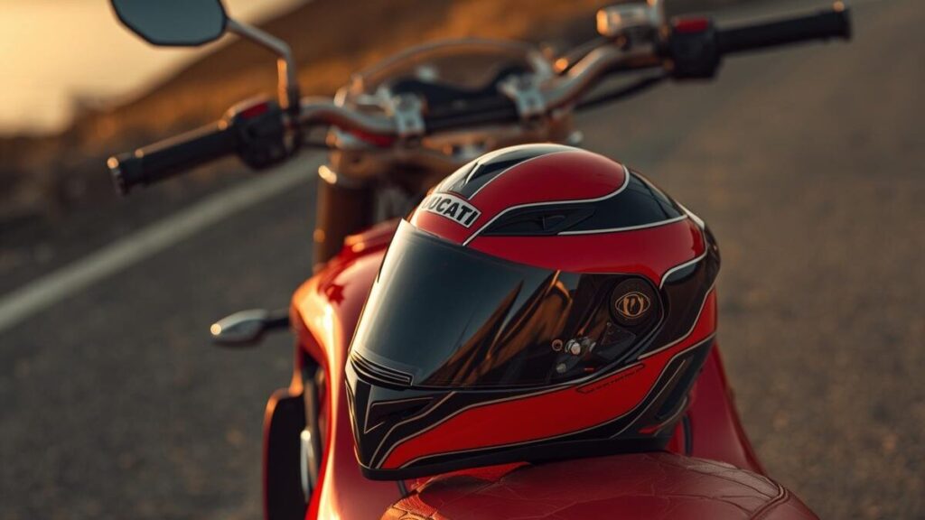 夕暮れの海岸線で車体と見事にシンクロする、鮮烈な赤が印象的なドゥカティに似合うヘルメットとバイクの佇まい。