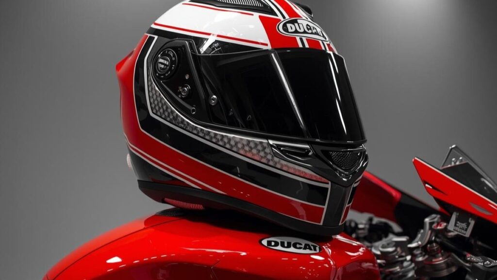 ドゥカティコルセ公式の洗練されたデザイン。レーシングスピリットを象徴する、ドゥカティに似合うヘルメットの近影。