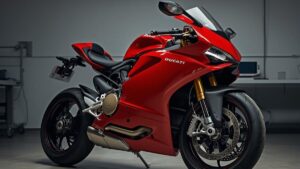 ドゥカティのスーパースポーツ950Sの故障を防ぐための点検が行われている、清潔でモダンなガレージ内の光景。赤い車体が美しく照らされたプロフェッショナルな写真。