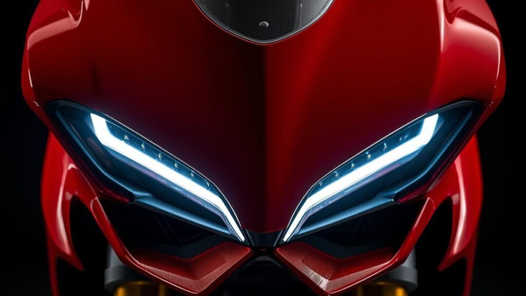 独創的なLEDヘッドライトと流麗な曲線美が特徴的な、ドゥカティのスーパースポーツ950Sの故障を感じさせない完璧なスタイリングを強調した接写画像。