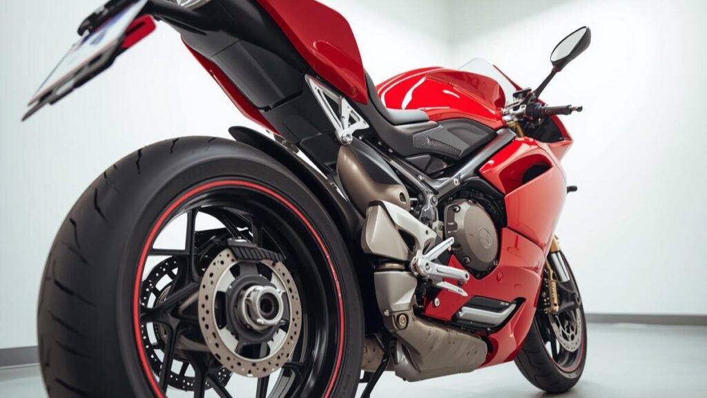 中古車選びで重要となる、ドゥカティのスーパースポーツ950Sの故障歴や整備状況を正規ディーラーの清潔なショールームで慎重にチェックしている光景。