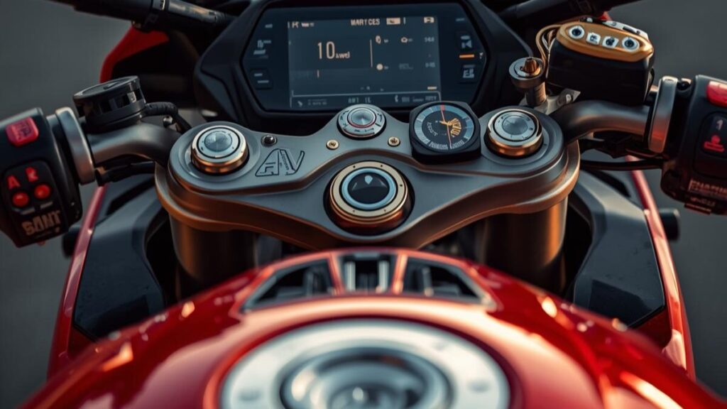 ドゥカティのスーパースポーツ950Sの故障リスクに関連する電子制御システムを確認するため、コックピットの精緻なメーターパネルを接写したシネマティックな画像。