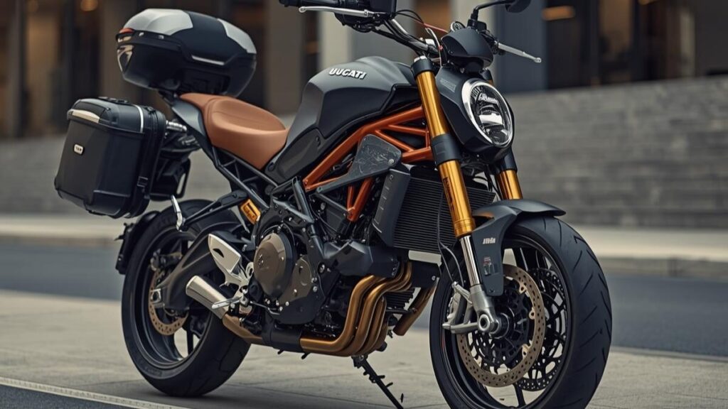 実用的なバッグやミラーが装着された車体。ドゥカティのスーパースポーツ950Sの故障や不満を解消し、自分好みに最適化された状態を美しく描写したライフスタイル写真。