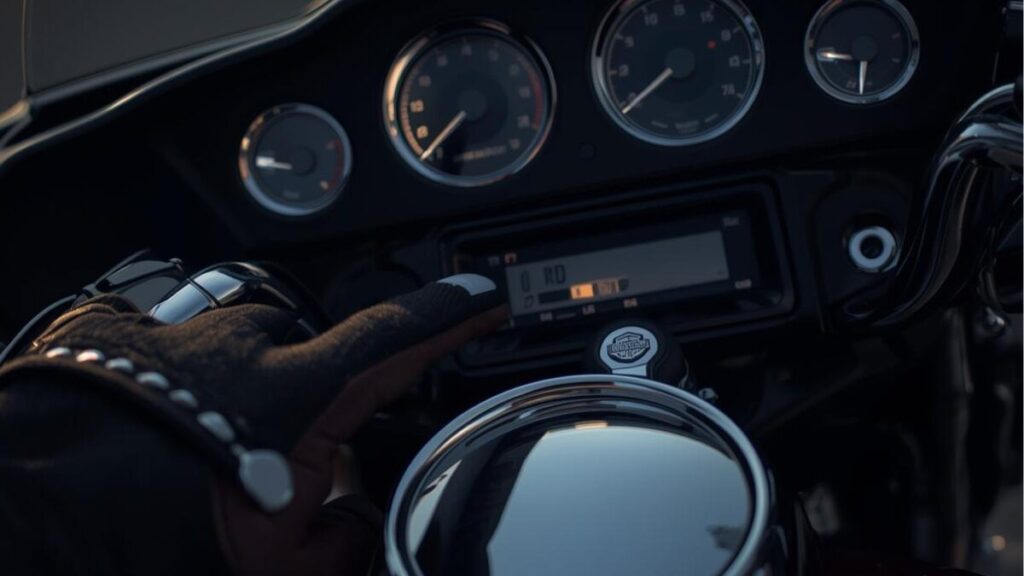 エンジン始動時にメーター類を確認するライダーの手元。ハーレーのバッテリー寿命が近づいた際の予兆や、始動性の変化をチェックする重要な瞬間を詳細に描写しています。