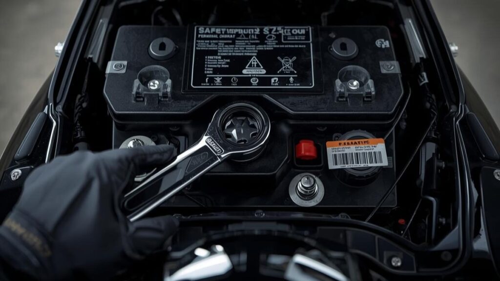 絶縁工具を使用してマイナス端子から取り外す整備の様子。短絡事故を防ぎながら、ハーレーのバッテリー寿命を迎えた際の手順を安全に守るための基本動作を説明しています。