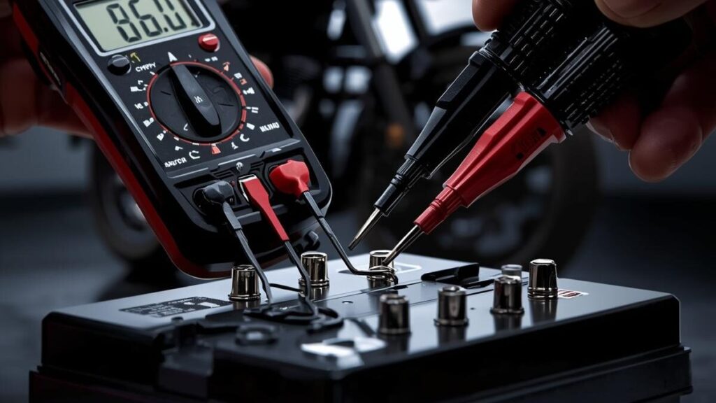 デジタルテスターを使用して電圧を測定する風景。数値を確認することで、ハーレーのバッテリー寿命や健康状態を客観的に把握する重要な診断工程を表現しています。
