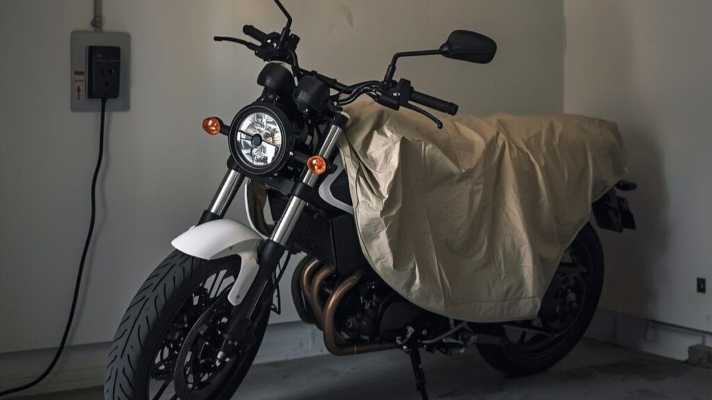 冬のガレージで保管されているバイクの静止画。走行頻度が減る時期の放電を防ぎ、ハーレーのバッテリー寿命を維持するための適切な保管環境と対策を表現しています。