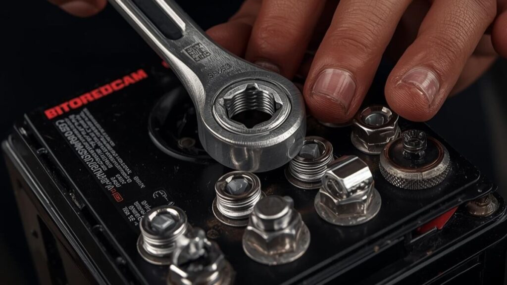 スパナを使って端子の緩みをチェックするメンテナンス作業。振動による接触不良を防ぎ、ハーレーのバッテリー寿命に悪影響を与えないための清掃と増し締めの様子です。