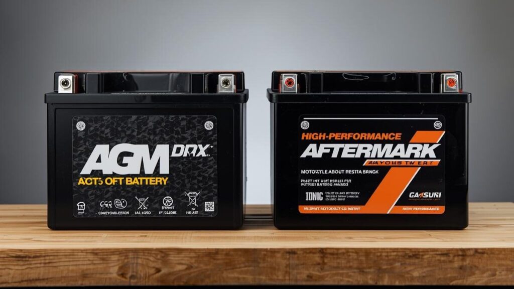 ワークベンチに並べられた純正品と社外品のバッテリー。性能やコストを比較しながら、ハーレーのバッテリー寿命に応じた最適な選択肢を検討する様子を描写しています。
