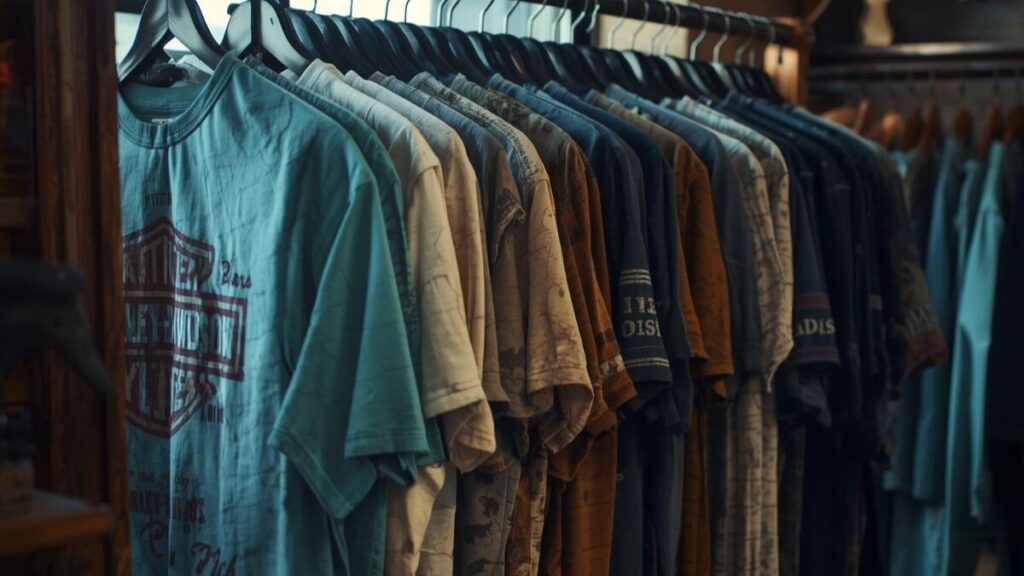 ヴィンテージショップに並ぶ、一点一点異なる表情を持ったハーレーダビッドソンの古着たち。アメリカの歴史と自由な空気感を纏った、色彩豊かなＴシャツのディスプレイ。