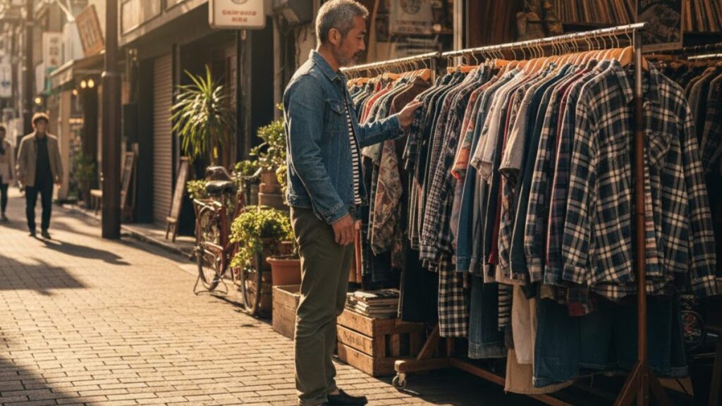 東京の古着激戦区を散策しながら、自分だけの一着を探し求める時間。ショップの軒先に並ぶ豊富なラインナップの中から、価値あるハーレーダビッドソンの古着を吟味する様子。