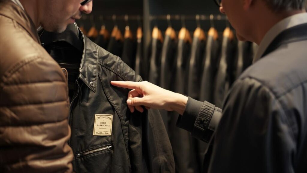 専門店でスタッフからタグの変遷や縫製の解説を受ける安心感のある光景。鑑定眼を持つプロの知識を参考に、本物のハーレーダビッドソンの古着を選ぶ納得のひととき。