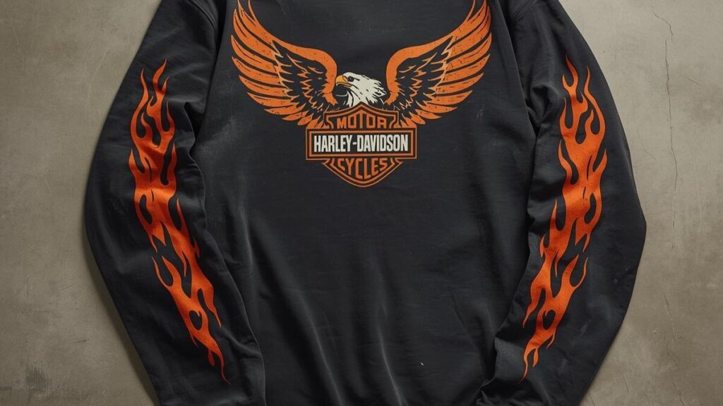 袖のフレイムプリントと胸のイーグルが特徴的な、希少なハーレーダビッドソンの古着ロンＴ。ヴィンテージ特有の生地のドレープ感と、経年変化による絶妙な風合い。